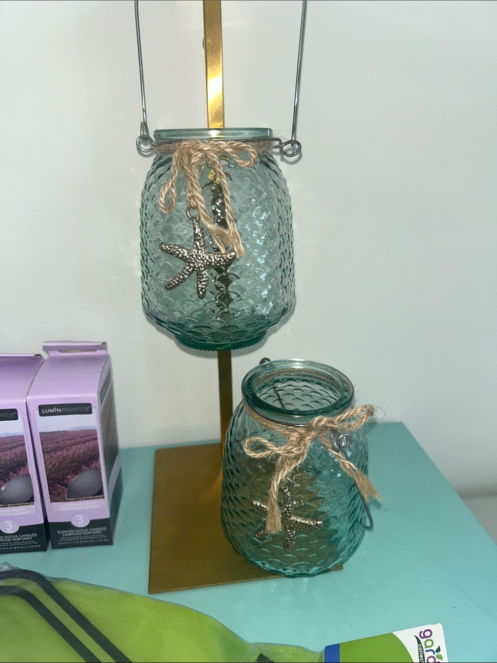 Aqua Glass Starfish Lantern Set with Lavender Candles & Metal Garden Hooks New - Picture 6 of 6
